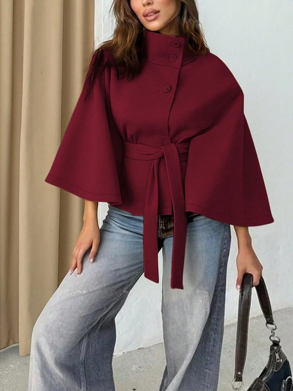 Burgundy Elegant Women's Front Button Tie Waist Cloak Overcoat